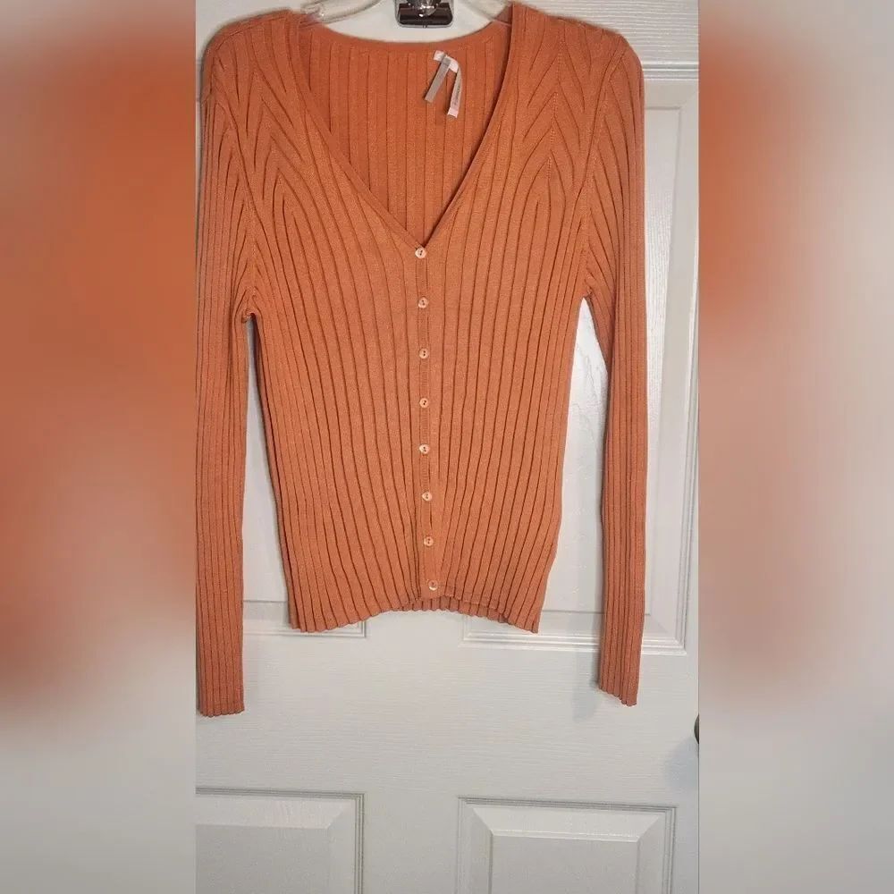 Classiques Entier L Orange Lslv Knit Ribbed SILK Blend Buttons Up Women Cardigan